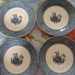 4 plates saucer blue scene scrolls Currier & Ives Blue by Royal